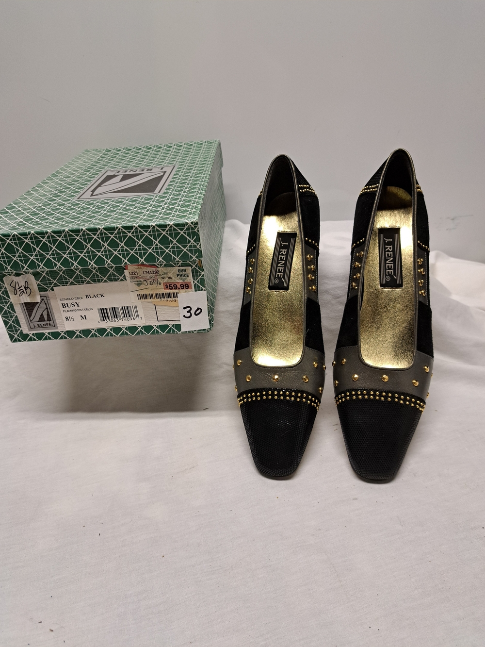 J.Renee Black Pointed-Toe Pumps with Gold Stud Accents